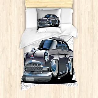 ABAKUHAUS Autos Mantele, Retro Design Asymmetrische, Milbensicher Allergiker geeignet mit Kissenbezügen, 135 cm x 200 cm - 80 x 80 cm, Grau Dunkelgrau - Grau