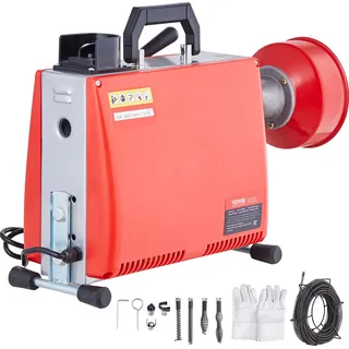 Vevor Rohrreinigungsmaschine 66 Fuß x 5/8 Zoll, 250 W elektrische Rohrreinigungsmaschine mit manueller Zufuhr – mit 7 Schneidern, 2 Stahlkabeln und CW/CCW-Steuerung für 1,6" bis 4" Rohre