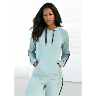 Kapuzensweatshirt BENCH. LOUNGEWEAR, Damen, Gr. 36/38, grün (mint, schwarz), Jersey, Obermaterial: 60% Baumwolle, 40% Polyester, unifarben mit Farbeinsätzen, bequem hüftbedeckend, Rippbündchen, Sweatshirts Kapuzensweatshirt, mit Seitenstreifen und Kängurutasche, Loungewear