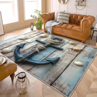 PaxGloz Maritim Teppich - Teppiche Wohnzimmer Schlafzimmer Vintage Ankermotiv, Großer Teppich Nautische Holzoptik, Weich Kurzflor & Waschbar & rutschfest Wohnzimmerteppich, Kinderteppich, 100x200 cm