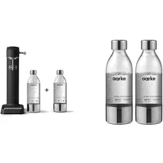 Aarke Carbonator 3, Wassersprudler aus Edelstahl mit 2 x BPA-frei Flaschen, Mattschwarz Finish & AASPB1 Steel Pet Wasserflaschen, Edelstahl, 2er Pack