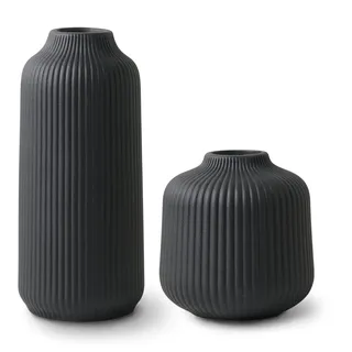 Flature Keramik Vasen Set mit Rillen - Modern für Pampasgras, Boho Deko für Fensterbank, Schwarz Matt, Blumenvase als Wohnungsdeko für Frische Blumen, Trockenblumen, 2er Set