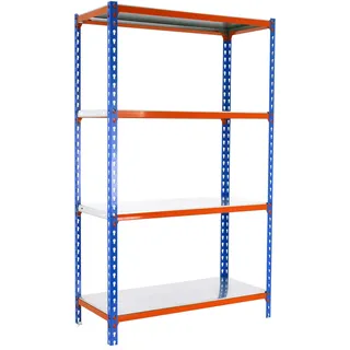 Simon Rack Schwerlastregal, 1500x900x300 mm, Bis 180 kg Belastbar, 4 Verstellbare Ablagen, Kellerregal, Lagerregal, Blau/Orange/Verzinkt - Simonclick