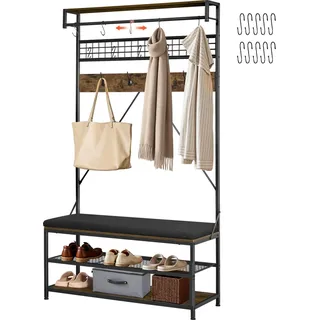 SucceBuy Flurgarderobe 1015 x 400 x 1830 mm, Garderobenständer mit Schuhbank und zweistufiger Schuhablage, Freistehende Garderobe mit Metallgitter und Kleiderstange, Perfekt für Eingangsbereich und Schlafzimmer