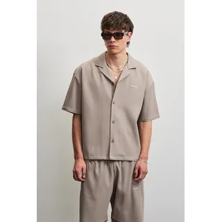 Kurzarmhemd PEGADOR "TROY PLISSEE SUMMER SHIRT", Herren, Gr. S, N-Gr, warm taupe, Web, Obermaterial: 93% Polyester, 7% Elasthan, unifarben, regular fit normal, V-Ausschnitt, gerader Abschluss, Hemden Kurzarmhemd, Baumwollmischung, regular fit