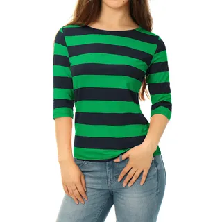 Allegra K Damen Gestreift Shirt U Boot Ausschnitt Halbarm Geringelt Oberteil Party Ferien Streifen Top Bluse