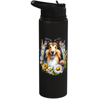 Collie Dog Sommer Wildblumen Gänseblümchen Kunstwerk Stainless Steel Insulated Water Bottle