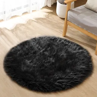 ORINOVA Runder Teppich Schwarz Flauschig 90 cm Fellteppich Kunstfell Teppich Wohnzimmer Rund Klein Kuschel Weich Schlafzimmer Waschbar