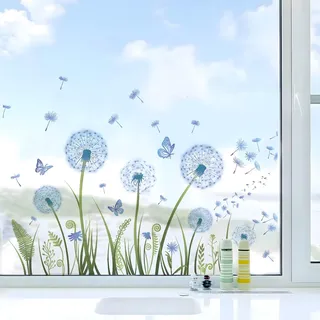 WOUYTPE Wandtattoo Pusteblume, Pusteblume Wandtattoo, Fensteraufkleber, Geeignet zum Dekorieren von Glas, Türen, Fenstern, Wänden, Wohnzimmern, Schlafzimmern, Küchen und Anderen Wohnräumen (Blau)
