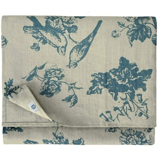 Linen & Cotton Hochwertige Tischdecke Stoff Tischtuch Tischwäsche Flores mit Blumen Motiv - 100% Leinen, Beige Blau (140 x 220 cm) Vintage Rechteckig für Home Küche Wohnzimmer Dekoration