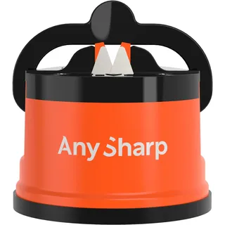 AnySharp Pro Messerschärfer & Messerschleifer aus Metall mit PowerGrip Saugnapf, Premium Wolframkarbid-Schärfsystem, für Küchenmesser, Wellenschliff & gehärteten, Professionelle Qualität, Mandarine