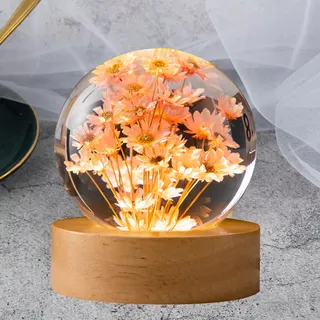 Excerando Kristallkugel Nachtlicht - 6 cm Glaskugel Lampe Mit Ewiger Blume - LED Deko für Schlafzimmer und Wohnzimmer - Geschenk für Frauen