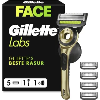 Gillette Labs Rasierer Herrenr mit Reinigungs-Element, Nassrasierer Männer Champion Gold Edition — Inkl. 1 Handstück, 1 Wandhalterung und 1 Reise-Etui — Edelstahl
