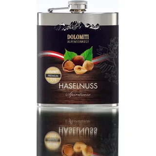 DOLOMITI Haselnuss Schnaps Flachmann - Haselnuss Premium Spirituose 35% vol. - Robuster, edler Flachmann aus Edelstahl - 0.2 Liter
