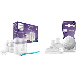 Philips Avent Babyflaschen Natural Response, Geschenkset für Neugeborene & Avent Natural Response Sauger – 2x Sauger für Babyflaschen mit Durchflussstärke 1