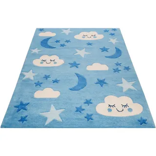 SMART KIDS Kinderteppich "LaLeLu" rechteckig 9 mm Höhe Mond Sterne Wolken, Konturenschnitt, blau