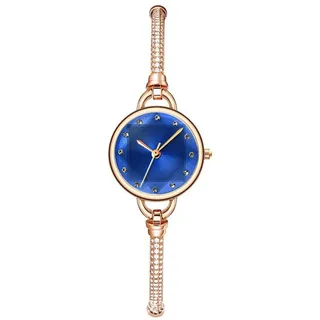 JewelryWe Damenuhr Glitzer Strass Uhr: Damen Elegant Analog Quarz Armbanduhr Kleine Lässige Uhren mit Blau Diamant-Schneid Zifferblatt und Rosegold Verstellbarem Schmalen Metallarmband