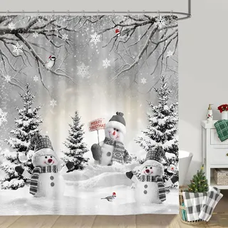 Farmhouse Duschvorhang für den Winter, Weihnachten, niedlicher Schneemann, Schnee, Wald, Kiefernbaum, Szene, Duschvorhang für Badezimmer, rustikale Weihnachtsschneeflocke, Urlaub, Grau
