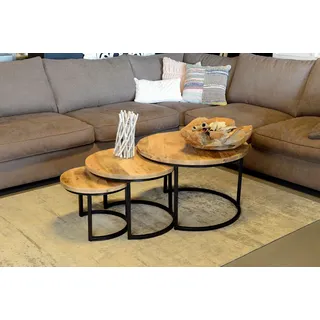 3er Set Couchtische Mangoholz rund Metall Mango Satztische Sofatisch schwarz - 73 cm,58 cm,43 cm X 48 cm,41 cm,38 cm X 73 cm,58 cm,43 cm