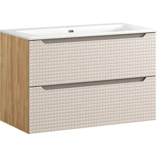 Badezimmergarnitur 90 cm mit SKY-Waschbecken und Unterschrank unter dem Waschbecken - Beige, Braun