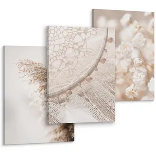 Muralo Leinwandbilder 3-er Set Pflanzen 3D Boho , Beige, Braun , Textil , Baum/Pflanze/Natur, Floral , Rechteckig , 90x40 cm , Bilder & Rahmen, Bilder