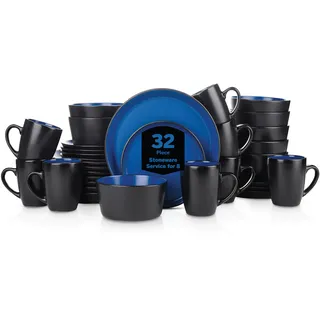 Stone Lain Modern Rim 32-Piece Steinzeug Dinnerware Set, Blue And Black, 8 Personen, Spülmaschinengeeignet, Mikrowellengeeignet