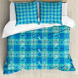 ABAKUHAUS Sea Shells Bettbezug, Plaid-Muster Meer, Milbensicher Allergiker geeignet mit Kissenbezügen, 155 cm x 220 cm - 80 x 80 cm, Mint Grün Blau Weiß - Weiß