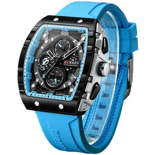 FORSINING Herren-Armbanduhr, modisch, analog, Quarz, rechteckig, großes Zifferblatt, Silikonband, wasserdicht, Militär-Uhren, Kalender, Datum, blau