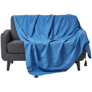 Homescapes Wohndecke Rajput blau – leichte Baumwolldecke 225x255 cm, Tagesdecke aus 100% Baumwolle, Sofaüberwurf handgewebt mit Streifenstruktur, Couch-Überwurf mit Quasten, Oeko-Tex