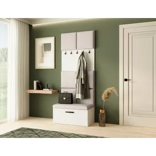 Garderobe MARGARET I, Farbe: Weiß + Hellbeige, mit gepolsterten Paneelen und Kleiderhaken - Weiß, Beige