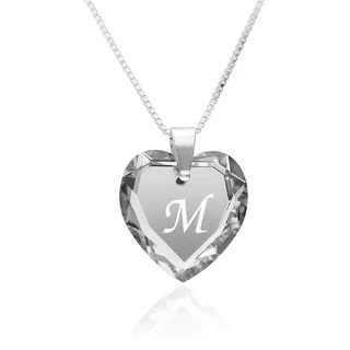 Kette Damen 925 Silber, SWAROVSKI ELEMENTS Herzanhänger Farbe Crystal Silber Buchstabengravur " M ", Herzkette als Geschenk für die Frau, Freundin oder zum Valentinstag