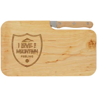 LASERHELD | Brotzeitbrett Holz mit Gravur “I Love The Mountain Feeling” & Messer | 26 x 15 cm | Frühstücksbrettchen Holz Schneidebrett Jausenbrett | Geschenk für Wanderer und Bergfreunde zum Vatertag