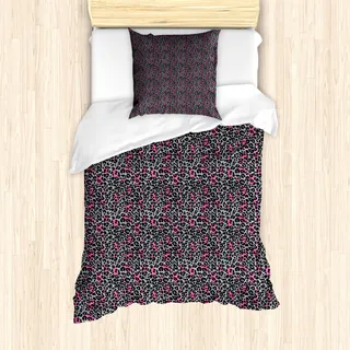 ABAKUHAUS Leopard-Druck Mantele, Tier, Milbensicher Allergiker geeignet mit Kissenbezügen, 135 cm x 200 cm - 80 x 80 cm, Rosa Grau Schwarz