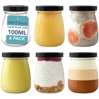 HEFTMAN Kleine Glasdosen mit Deckel, 6 Stück, 100 ml, leere luftdichte Glas-Schnapsflaschen mit Deckel, Reisegröße, auslaufsicher, Puddingtöpfe, Joghurttöpfe, Mini-Honiggläser, kleine Marmeladengläser