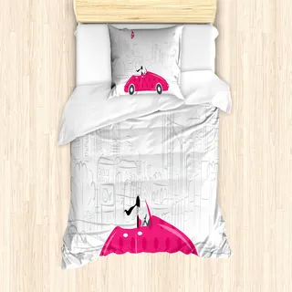 ABAKUHAUS Autos Mantele, Frau Driving Oldtimer, Milbensicher Allergiker geeignet mit Kissenbezügen, 135 cm x 200 cm - 80 x 80 cm, Pink Grau Schwarz - Rosa