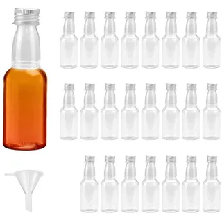 TANCUDER 24 Stück Mini Fläschchen, Kleine Schnapsflaschen, 100ml Likörflaschen zum Befüllen, Plastik Saftflaschen mit Schwarzem Deckel und Trichter zum Aufbewahren von Getränken oder Wein