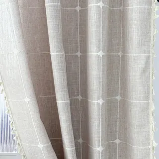1 Paar Boho-Vorhänge aus Baumwolle und Leinen mit Quaste, Semi-Blackout-Bauernhausvorhänge für Schlafzimmer-Wohnzimmer (Beige, 215 *140 cm)