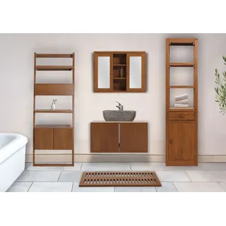 Mendler Teak-Badezimmer-Set HWC-M86, Waschtisch Regal Leiterregal Wandspiegel Badematte, hochwertiges B-Grade-Teak