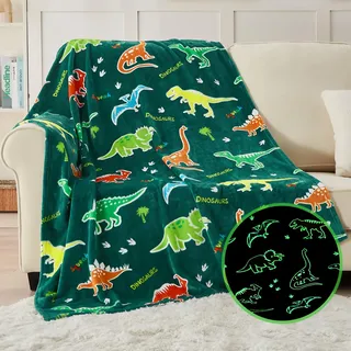 SOCHOW Glühen im Dunkeln Decke 127 x 150 cm, Jurassic Dinosaurier Muster Flanell Fleecedecke, Grün Ganzjahresdecke für Kinder