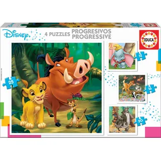 Educa - Kinderpuzzle Disney Tiere 4in1 Puzzleset 12/16/20/25 Teile | König der Löwen, Bambi, Disney | ab 3 Jahren (18104)