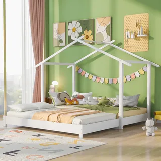 Flieks Massivholzbett Erweiterbares Kinderbett Hausbett Einzelbett 90x190cm/180x190cm, Kinderbett mit Lattenrost Bodenbett Doppelbett, Weiß - Weiß