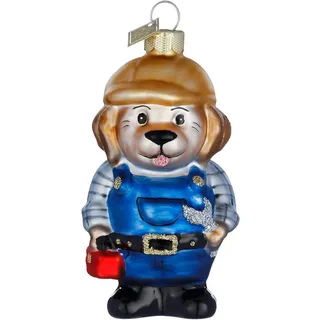 Holly & Jolly - Weihnachtskugel DIY Hund, ca. 8,5 cm | Christbaumkugel aus Glas, handbemalt, Weihnachtsbaumschmuck in Braun und Blau, beglittert, Weihnachtsdeko für Innen