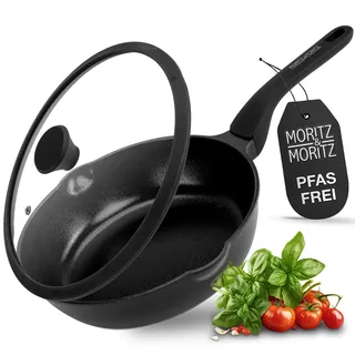 Moritz & Moritz Keramik Pfanne mit Deckel 26cm - frei von PFAS, PFOA & PTFE - Antihaft Bratpfanne 26cm - Schmorpfanne für alle Herdarten geeignet - Ideal zum Braten, Schmoren und Servieren - Schwarz