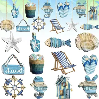 24 Stück Ozean-Strand-Holzornamente, Holzdekorationen Für Maritime Deko Hawaii Party Deko Fischernetz Deko Natürliche Holz-Hängedeko für Mini-Fischernetz, Wanddekorationen fischernetz (Ozean)