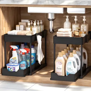 DEKAVA Küchen Organizer, 2 Unter Waschbecken Regal, Schrank Küchenorganizer mit 4 Haken, Schrankkorb für Küche, Bad, Putzmittel, Waschmittel (Schwarz)