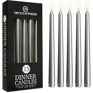 DECO EXPRESS Stabkerzen Set 6er, 10, 15 oder 50er, Lange Brenndauer bis zu 8 Std, Geruchslos(Silber, 15-er Set)