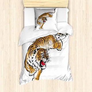 ABAKUHAUS Tiger Mantele, Japanische Hand gezeichnet, Milbensicher Allergiker geeignet mit Kissenbezügen, 135 cm x 200 cm - 80 x 80 cm, Schwarz Pale Brown - Schwarz