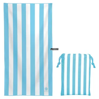 PEAQUE Mikrofaser-Handtuch mit Tasche - 80 x 160 cm - gestreiftes Badetuch, Reisehandtuch, Microfaser Handtücher, leicht, schnelltrocknend, dünn - Hellblau/Weiß