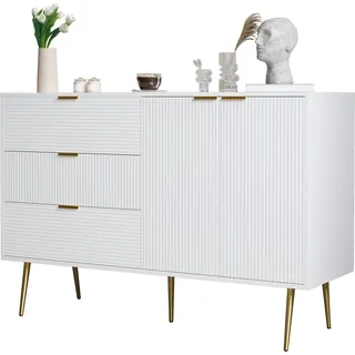 Fortuna Lai Sideboard, Wohnzimmer mit Türen und Schubladen, Innenregale, Kommode mit goldenen Griffen und Füßen - Weiß