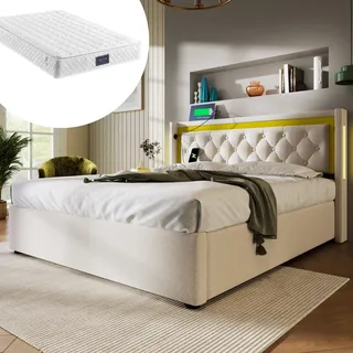 Sweiko Polsterbett LED Doppelbett Stauraum Bettkasten mit USB Typ C Ladefunktion Kopfteil,Baumwolle Jugendbett 160x200 mit lattenrost(Mit Matratze) - Beige, Gelb